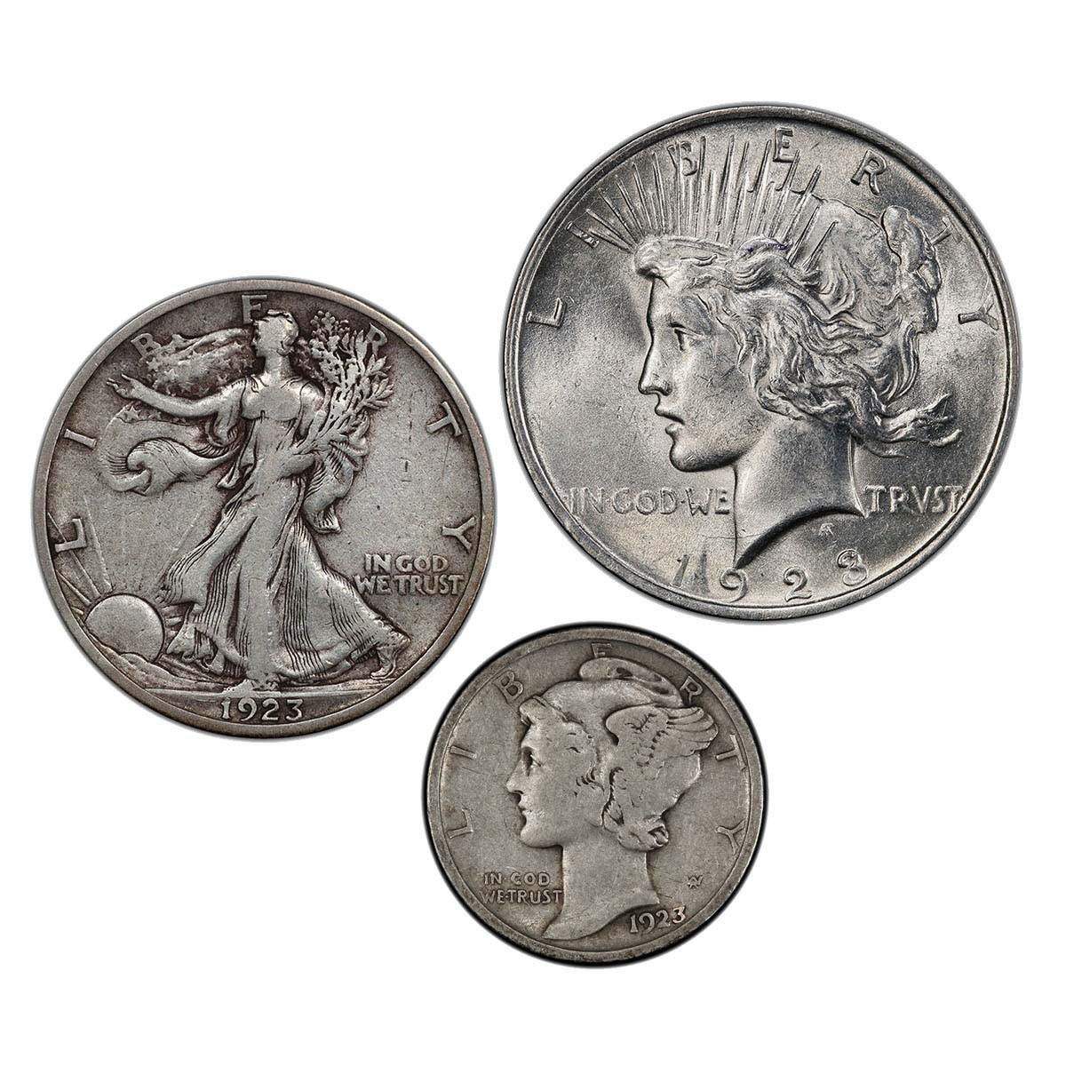1923 Peace Dollar, Walking Liberty Half & Mercury Dime - Designer Trio