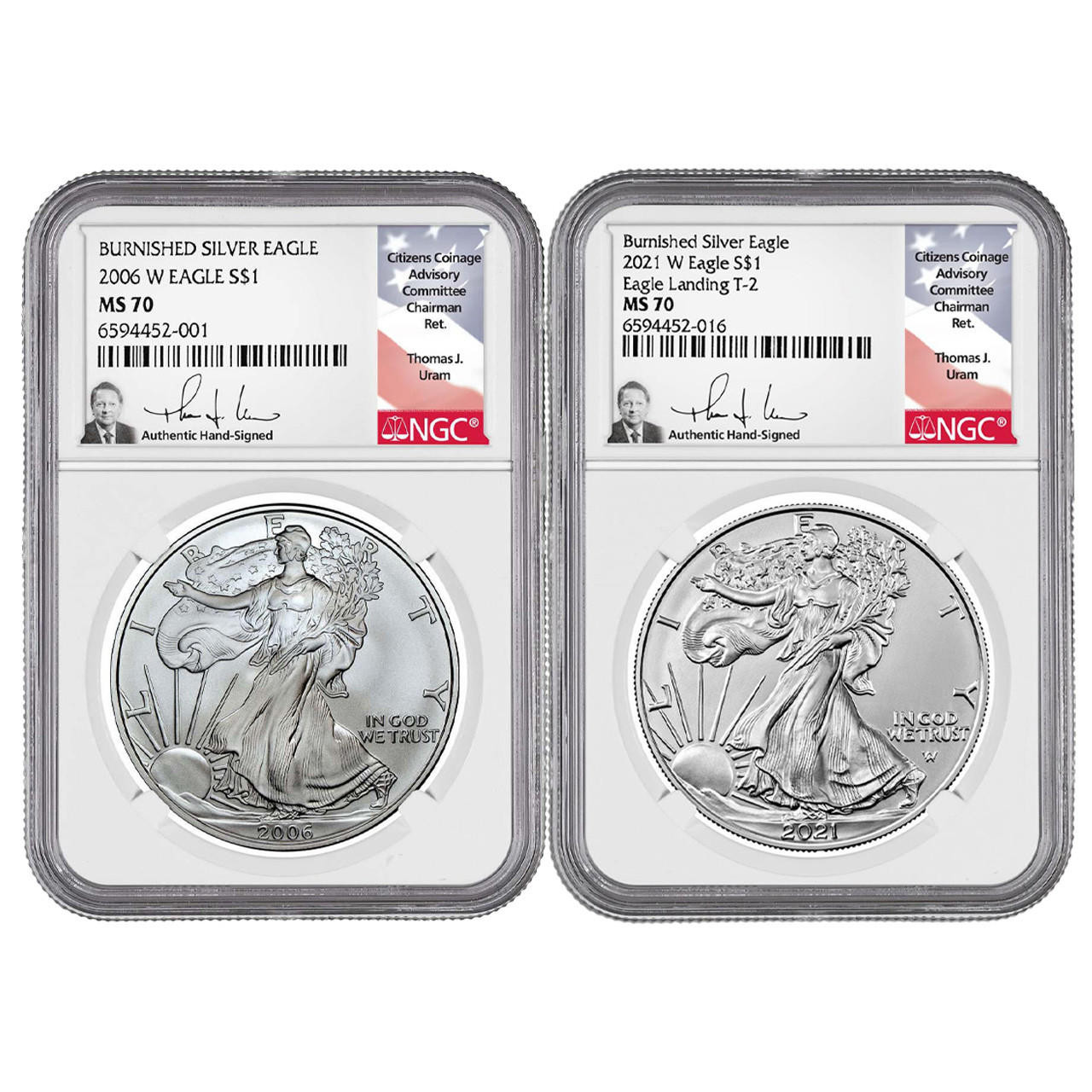 Bullionshark 2006 & 2021 Burnished Silver Eagle NGC MS70 Thomas Uram - First T1 and First T2