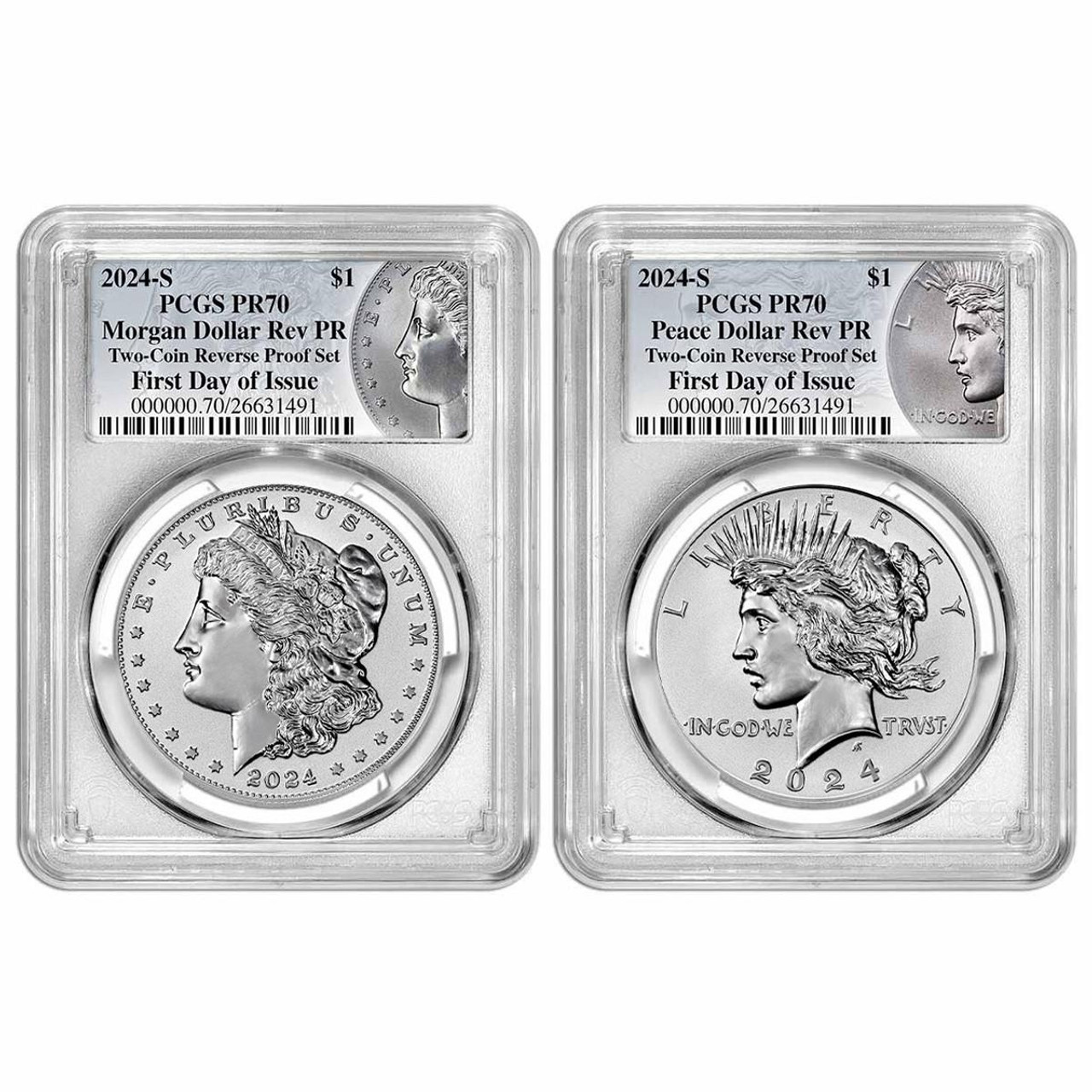 Bullionshark 2024-S Reverse Proof Morgan & Peace Dollar PCGS rev PR70 First Day of Issue - 2pc Set