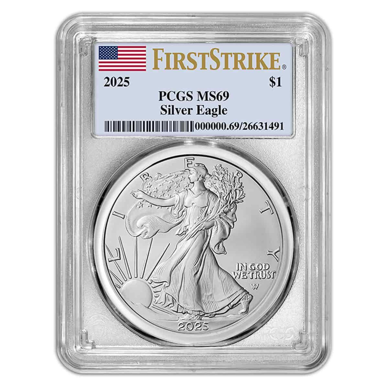 アメリカ　イーグル　銀貨　PCGS ファーストストライク　MS69 2025年 2025 American Silver Eagle PCGS MS69 FS Flag Label For Sale