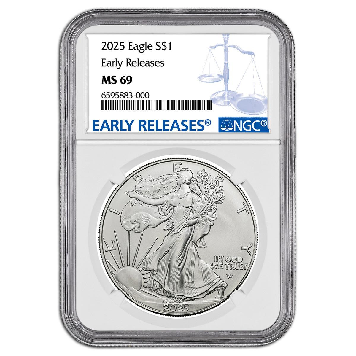 2025 Silver Eagle - Certified Silver Eagle coins -  2025 $1 American Silver Eagle NGC MS69 ER Blue Label