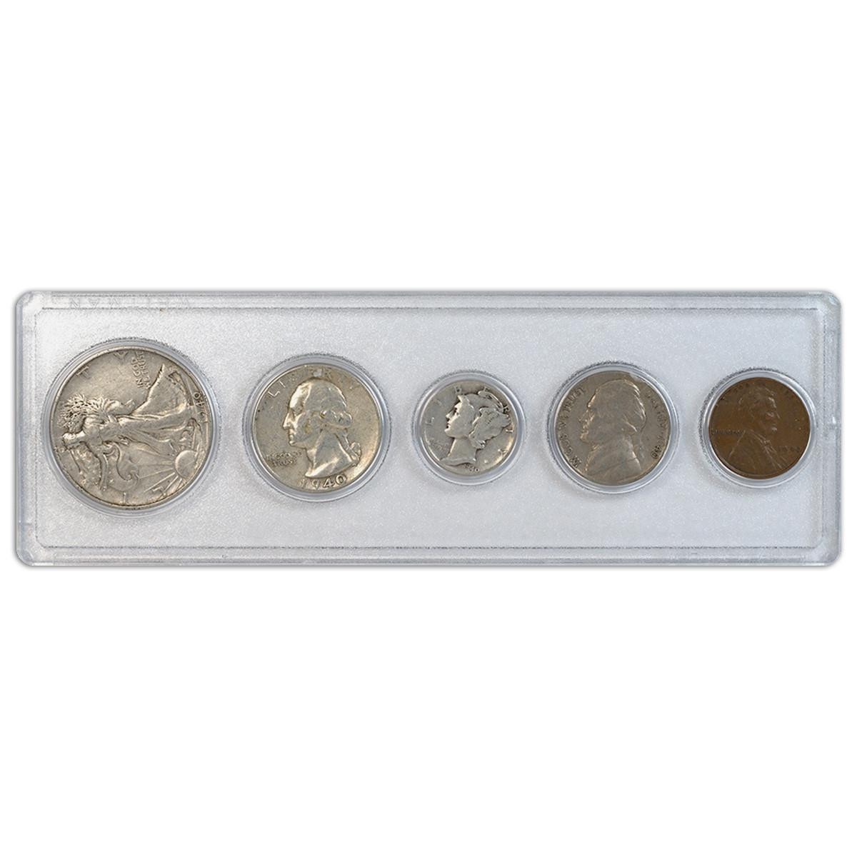 1940 Year Set 5 Coins in Fine or Better Condition - Collectible