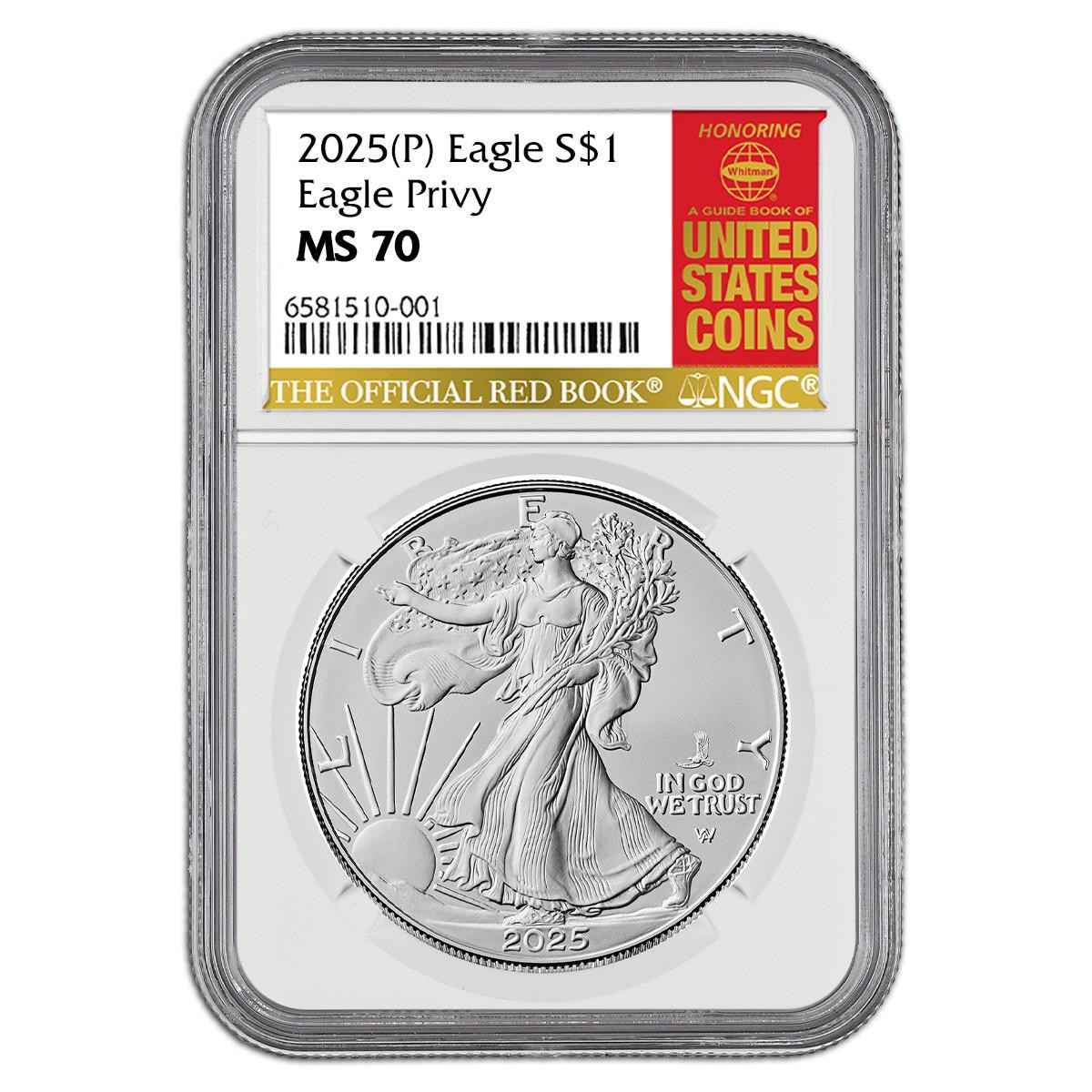 2025 (P) $1 American Silver Eagle – First Eagle Privy – PCGS MS70 Blue Label – 1 Oz .999 Silver, US Mint