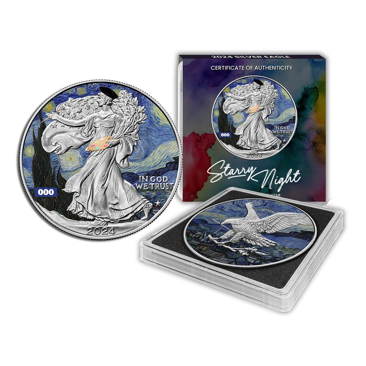 2024 1オンス アメリカ「星月夜」ゴッホ 彩色 銀貨 限定100個 2024 Chromatics Starry Night Silver Eagle - Star Privy