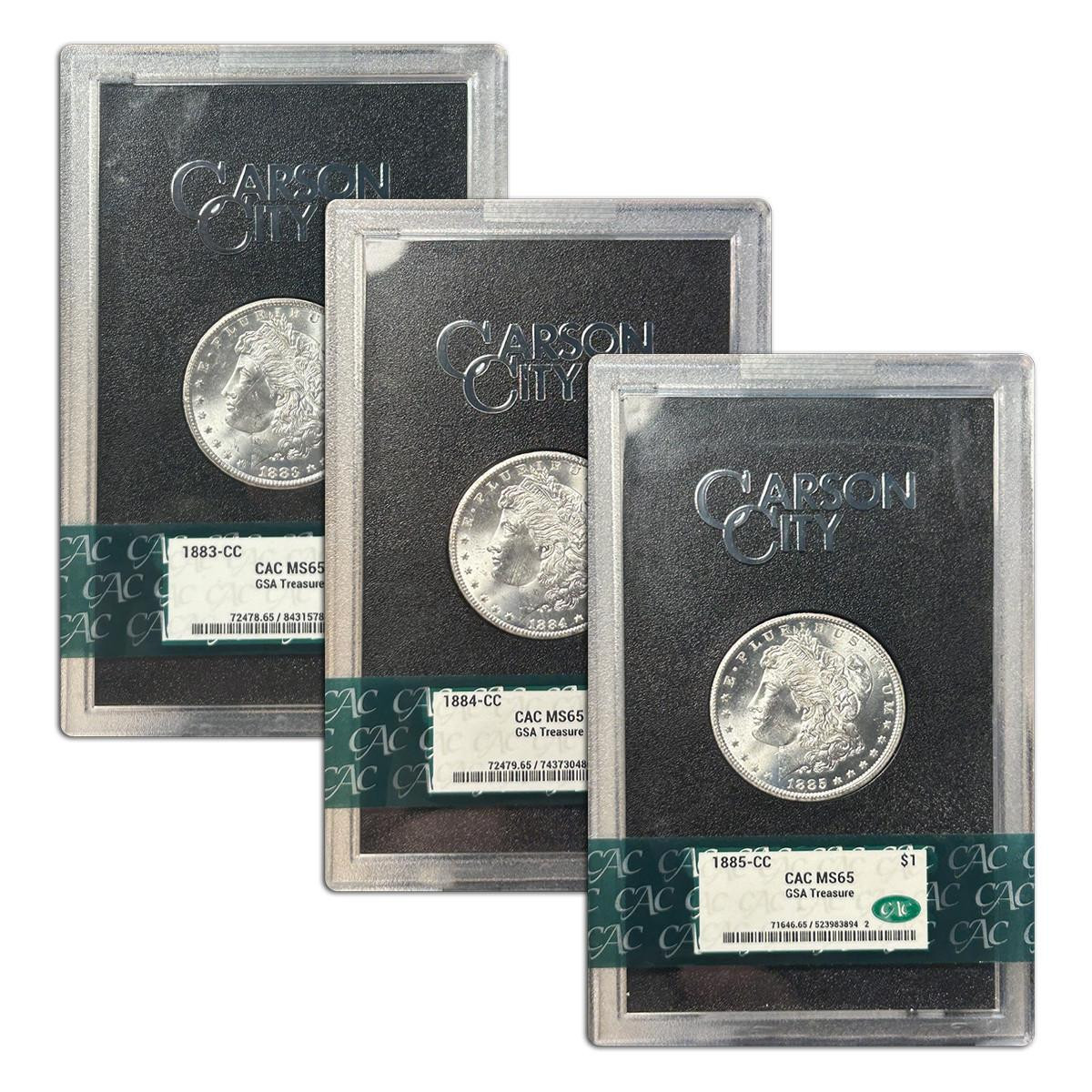 1883-1885-CC Morgan Dollar Coin CAC MS65 GSA Treasure - 3pc Collection
