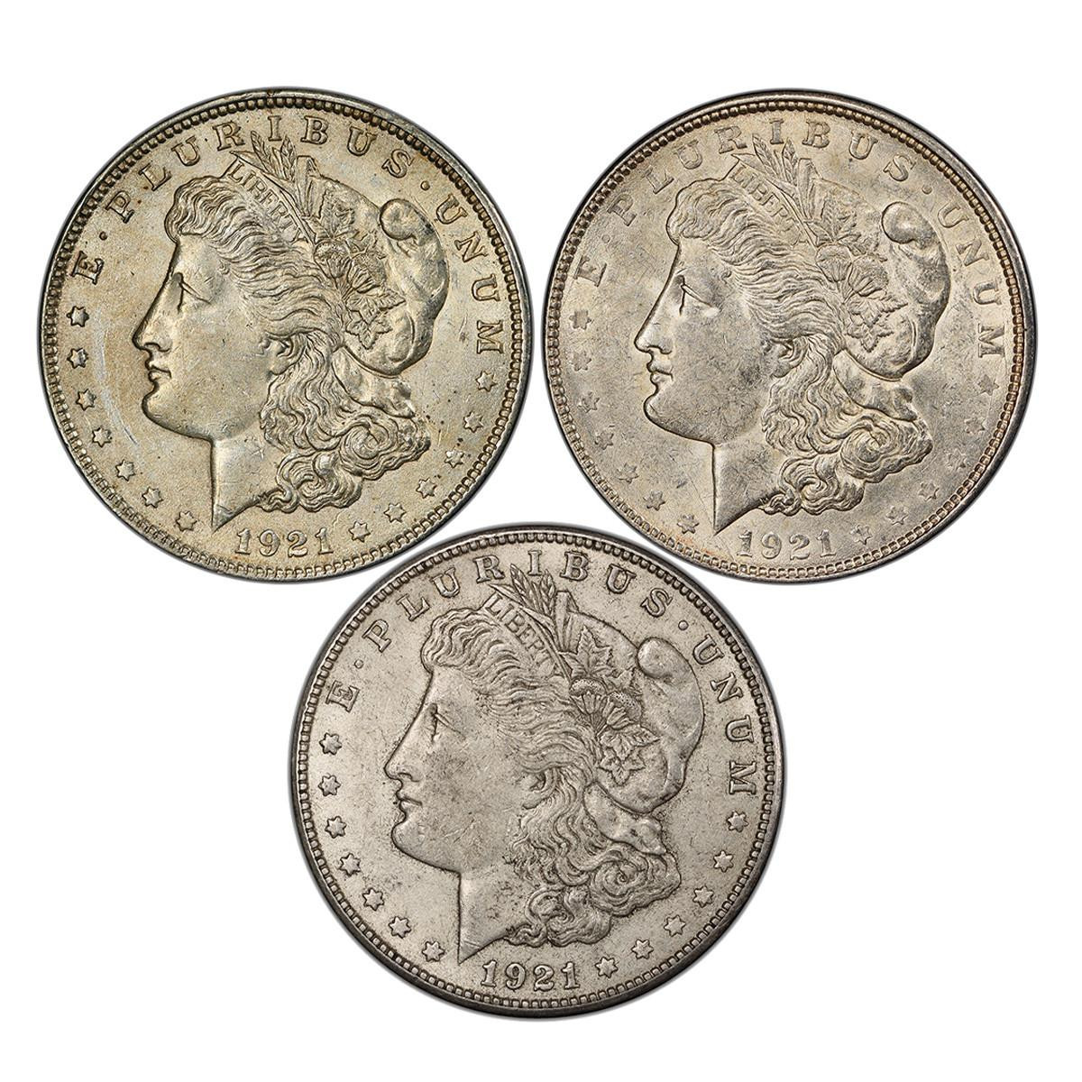 1921-PDS Morgan Silver Dollar - Almost Uncirculated 3pc Set