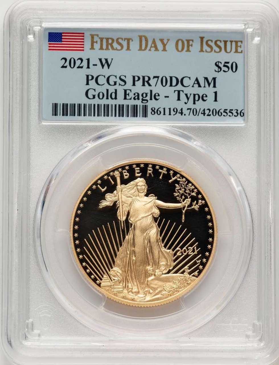 Bullionshark 2021-W G$50 Modern Bullion Coin PCGS MS70 DCAM    One Ounce Gold Eagle, Type One, First Day of Issue - HAT506464019 
