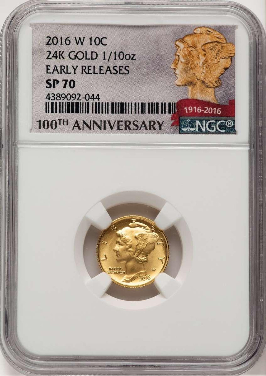 Bullionshark 2016-W 10C Modern Bullion Coin NGC MS70   Mercury Dime, Gold 100th Anniversary, First Strike - HAT507250004 