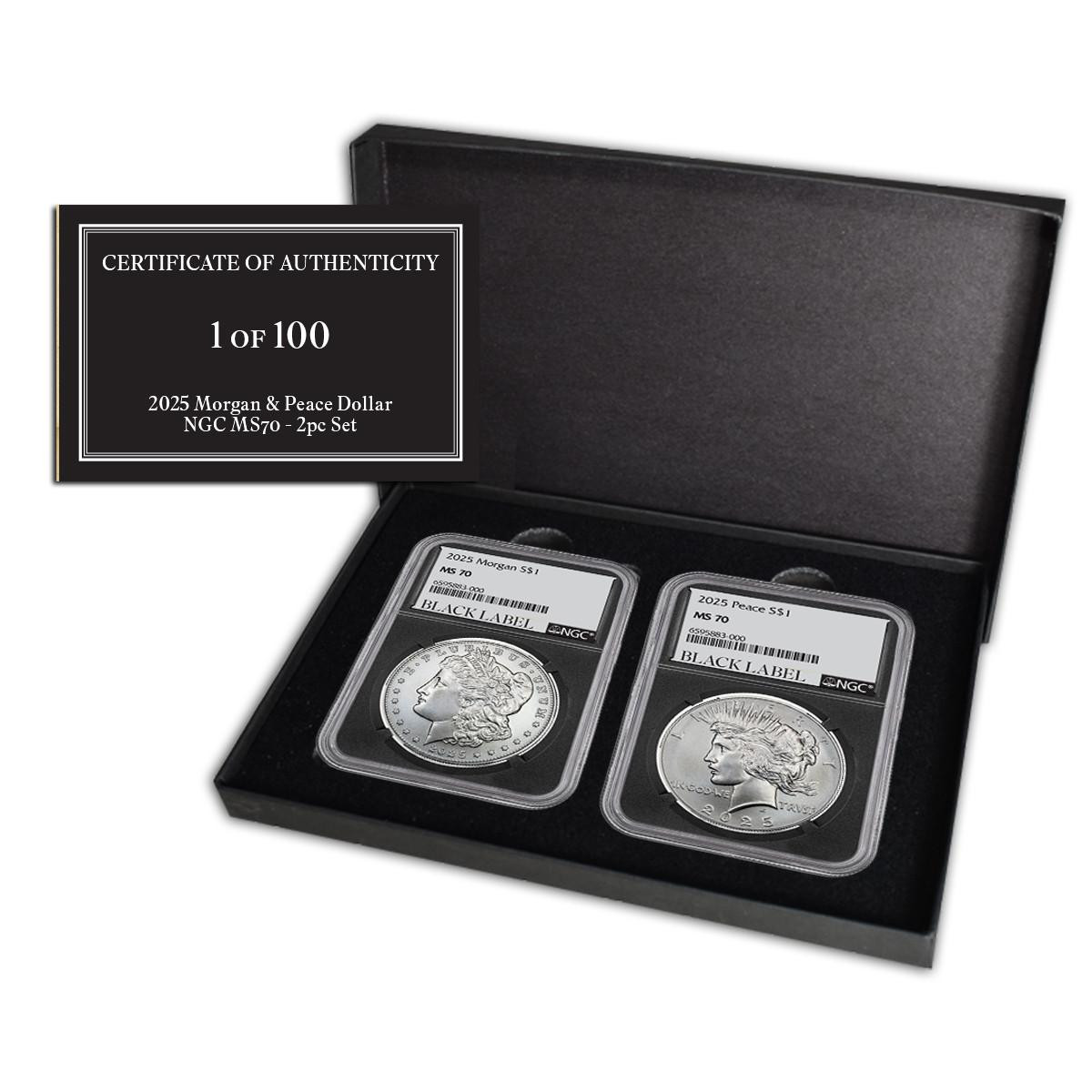 2025 Morgan & Peace Dollar NGC MS70 - 2pc Set (Black Label 1 of