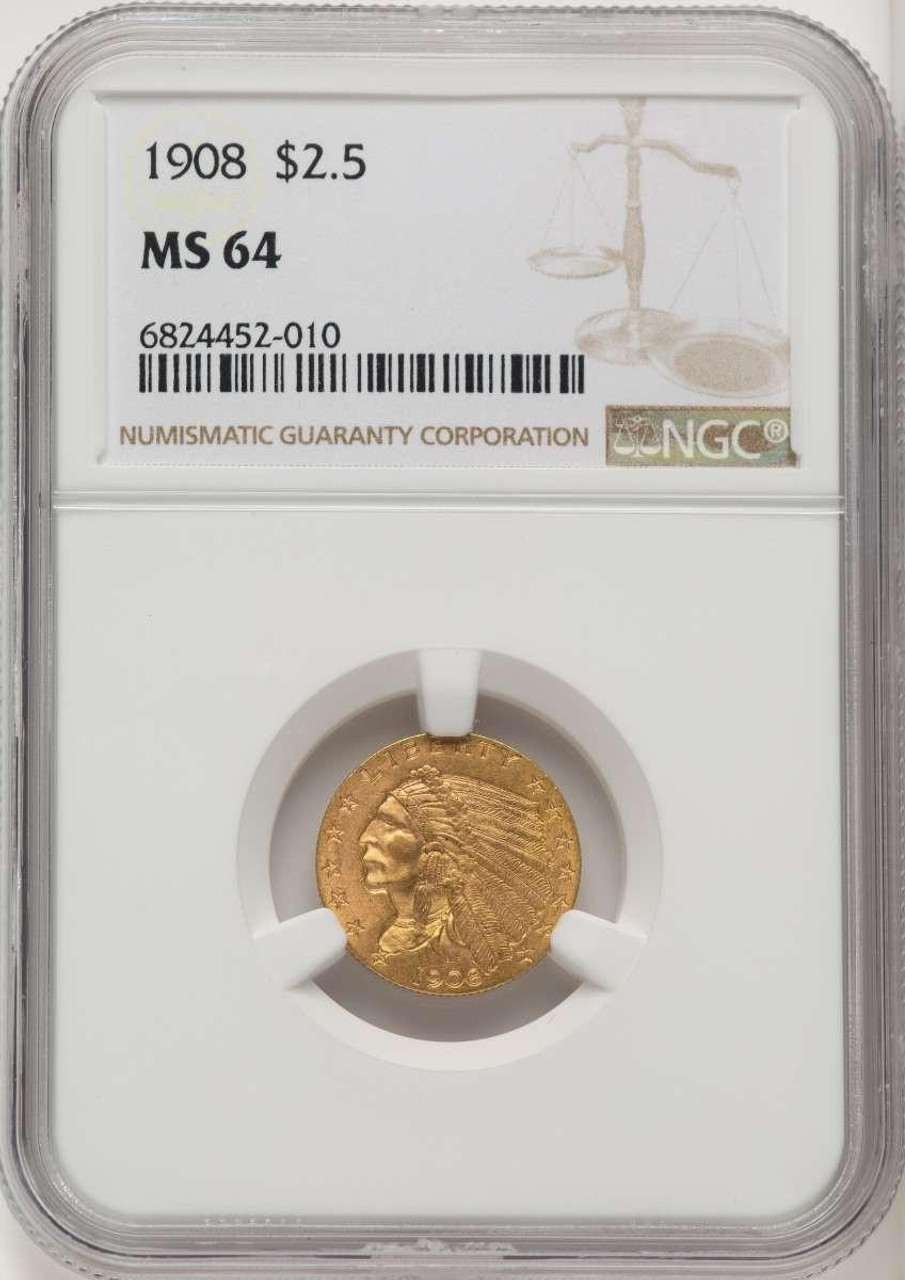 Bullionshark 1908 $2.5 Indian Gold Quarter Eagle Coin NGC MS64 - HAT772950002 