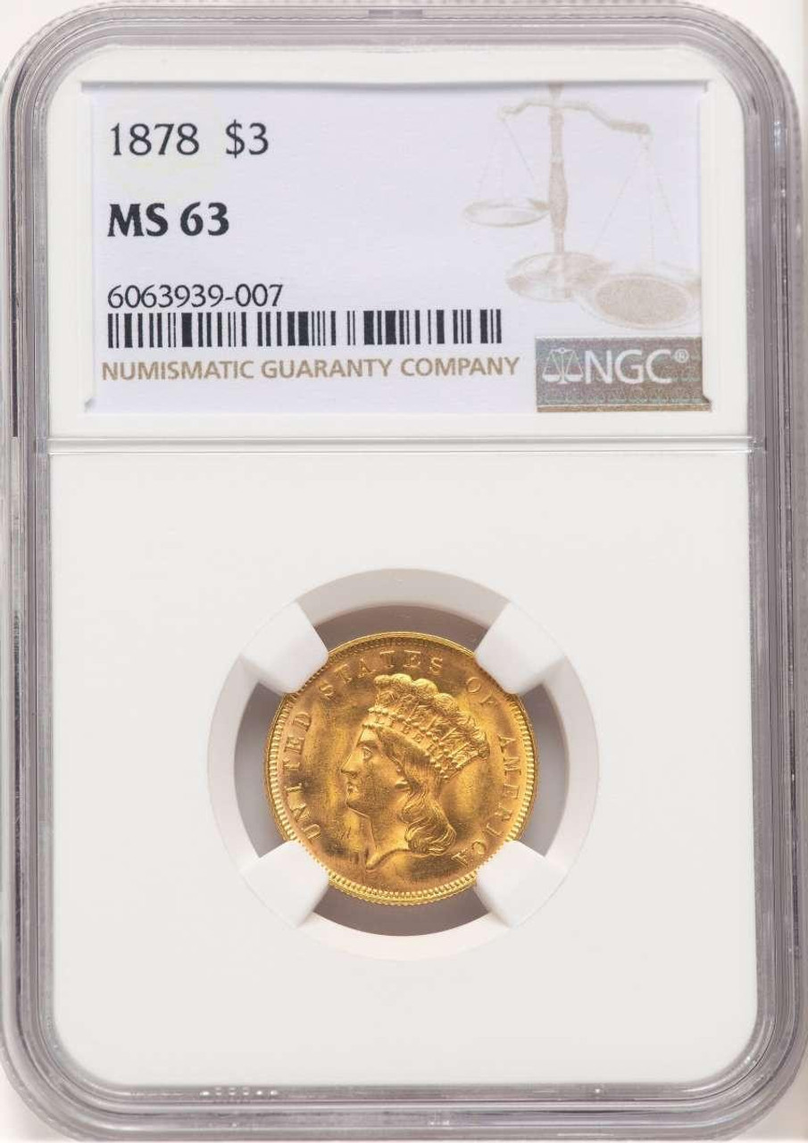 Bullionshark 1878 $3 Three Dollar Gold  Coin NGC MS63 - HAT778911004 