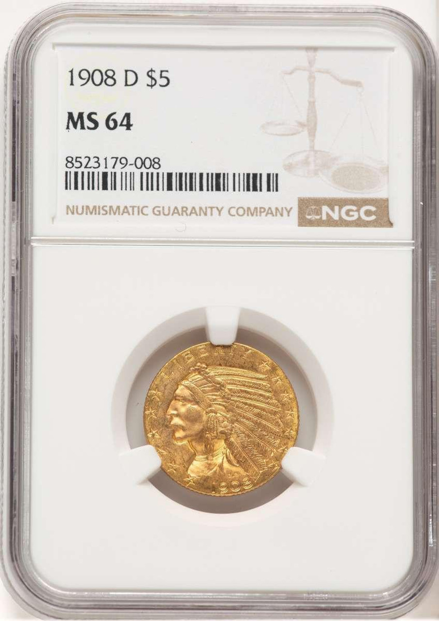 Bullionshark 1908-D $5 Indian Gold Half Eagle Coin NGC MS64 - HAT776679012 