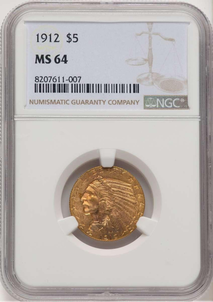 Bullionshark 1912 $5 Indian Gold Half Eagle Coin NGC MS64 - HAT778375001 