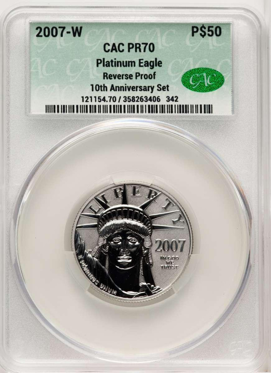 Bullionshark 2007-W $50 Reverse Proof 1/2 oz Platinum Eagle Coin CACG MS70, 10th Anniversary, First Strike - HAT519548169 