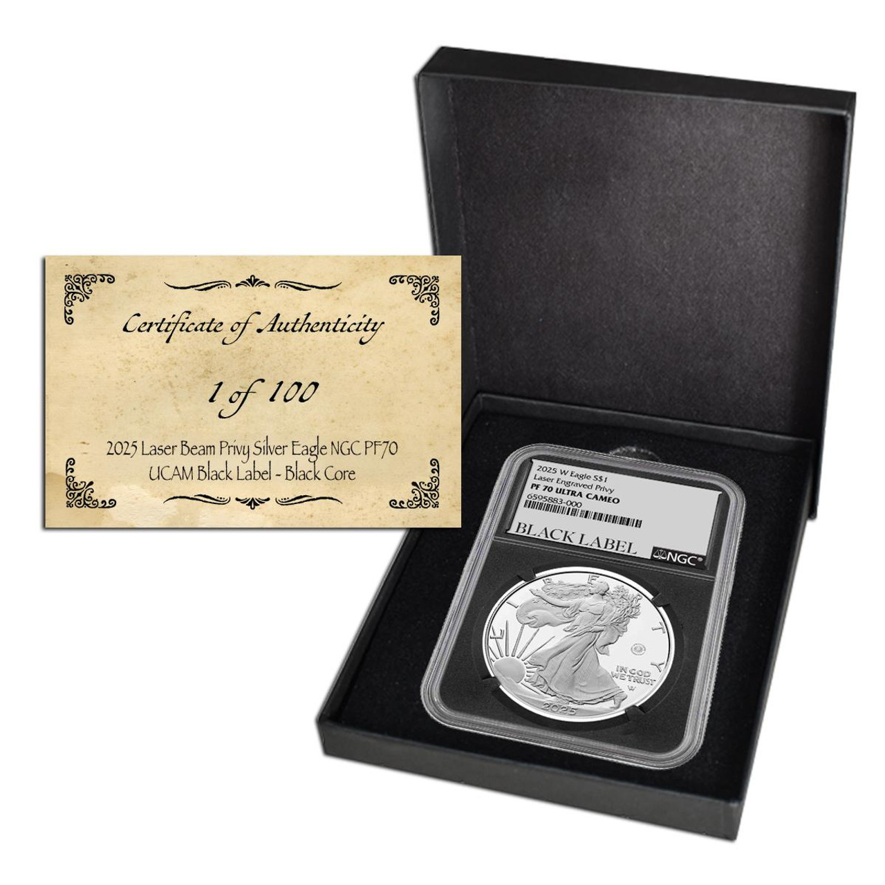  2025 Laser Beam Privy Silver Eagle NGC PF70 UCAM Black Label 1 of 100 Black Core 