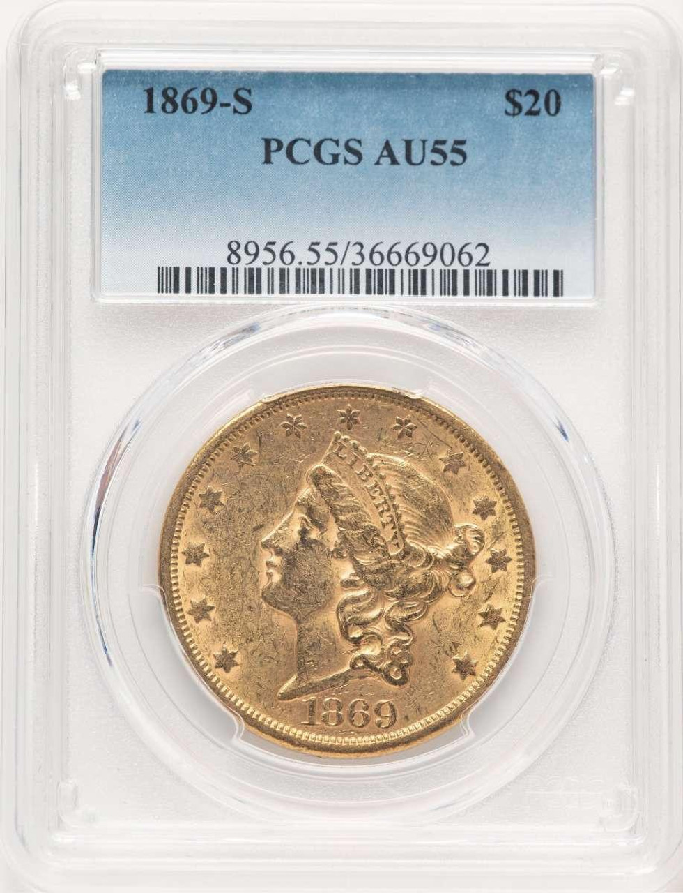 Bullionshark 1869-S $20 Liberty Gold Double Eagle Coin PCGS AU55 - HAT777489017 