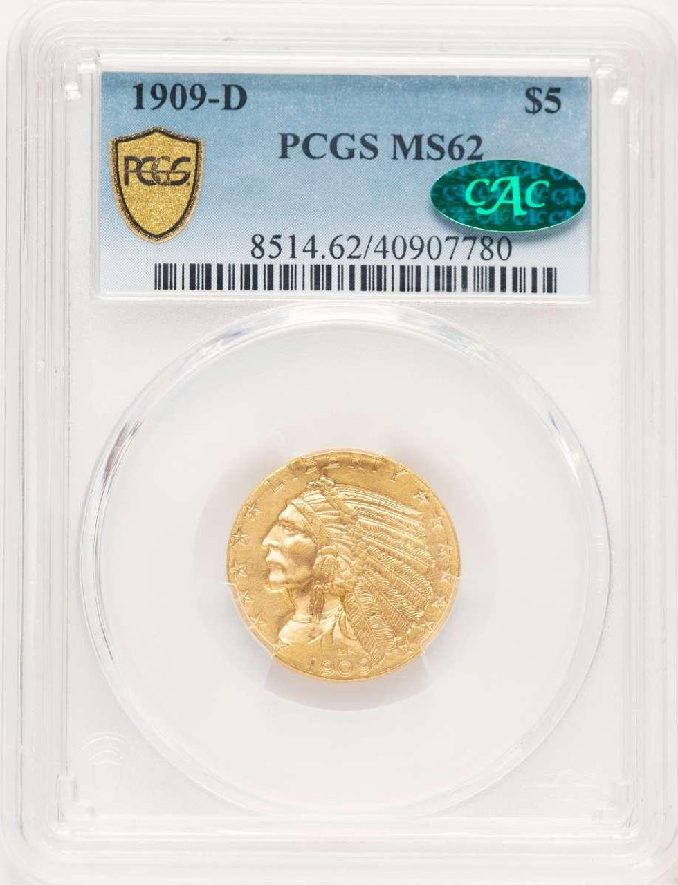 Bullionshark 1909-D $5 Indian Gold Half Eagle Coin PCGS MS62  CAC - HAT778741018 