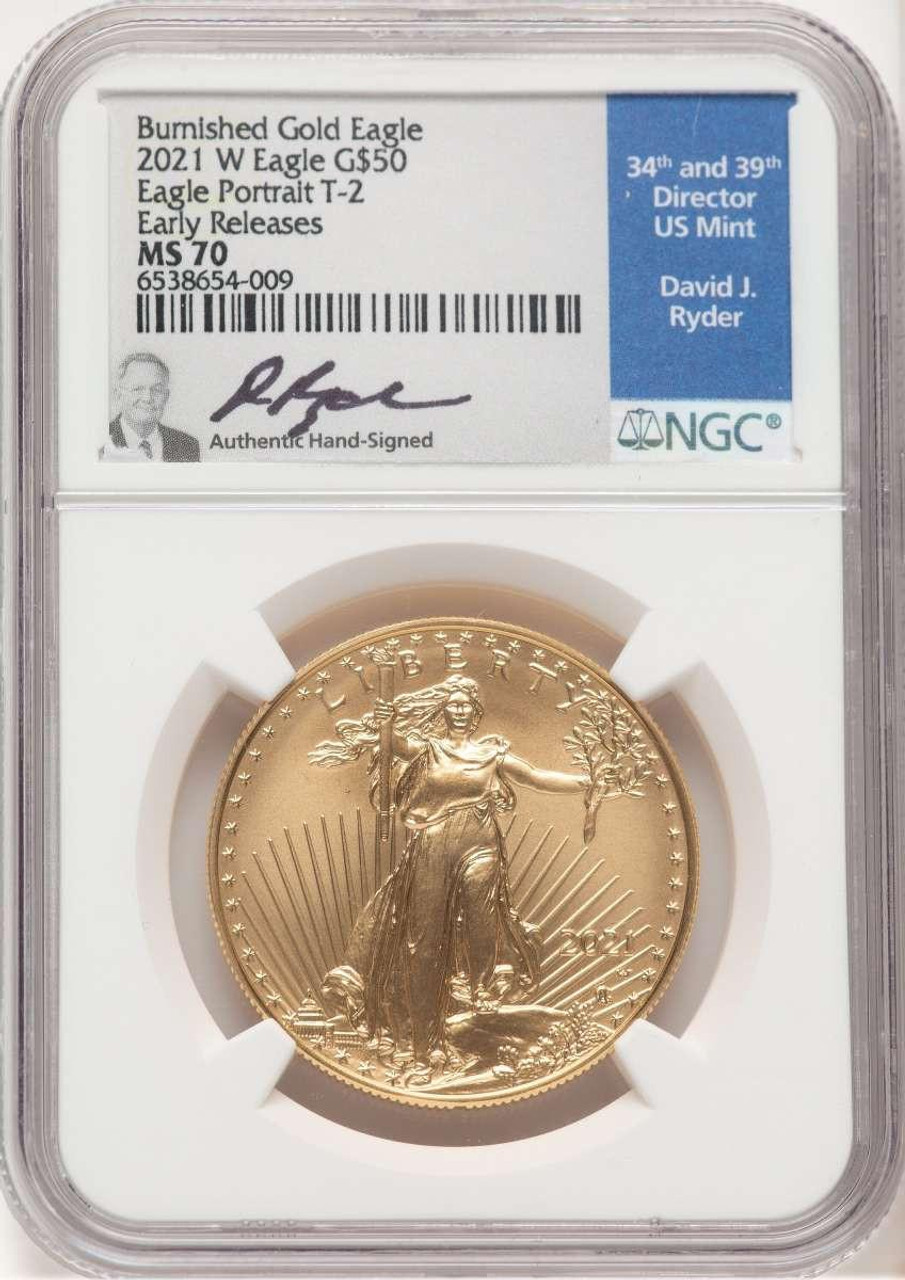 Bullionshark 2021-W G$50 Burnished 1 oz American Gold Eagle Coin NGC MS70, Type Two, First Strike - HAT521370006 
