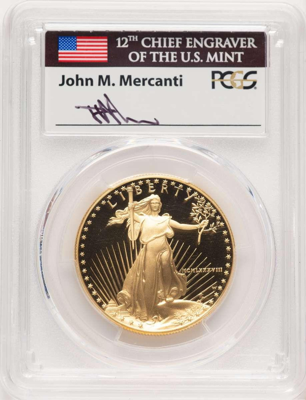 Bullionshark 1988-W $50 1 oz American Gold Eagle Coin PCGS MS70, Mercanti Signature - HAT779218050 