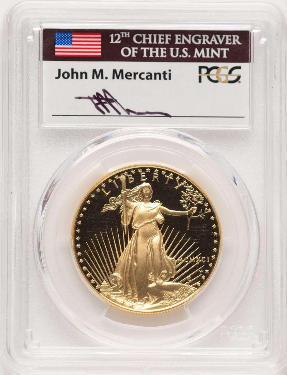 Bullionshark 1991-W $50 1 oz American Gold Eagle Coin PCGS MS70, Mercanti Signature - HAT779218053 