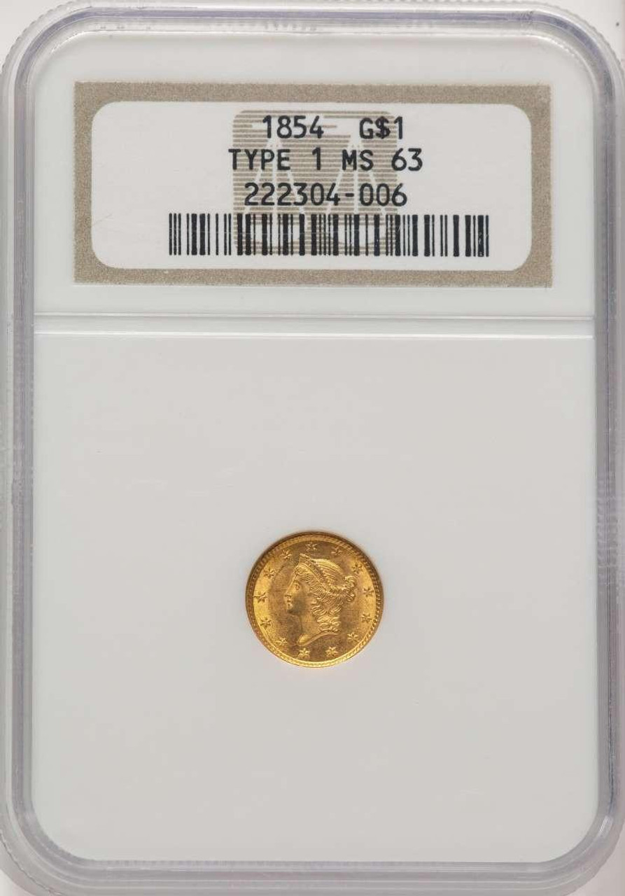 Bullionshark 1854 G$1 Gold Dollar Coin NGC MS63   Type One - HAT773302022 