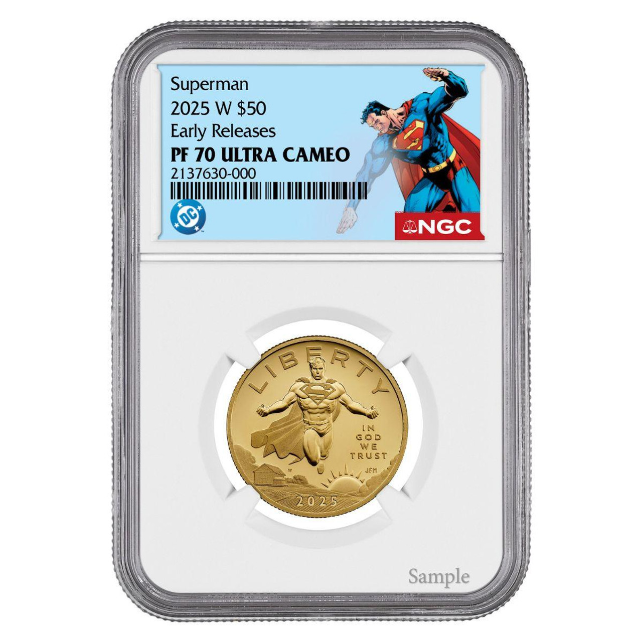  2025 W $50 1/2 oz Gold Superman Coin NGC PF70 Releases DC Comics Label 