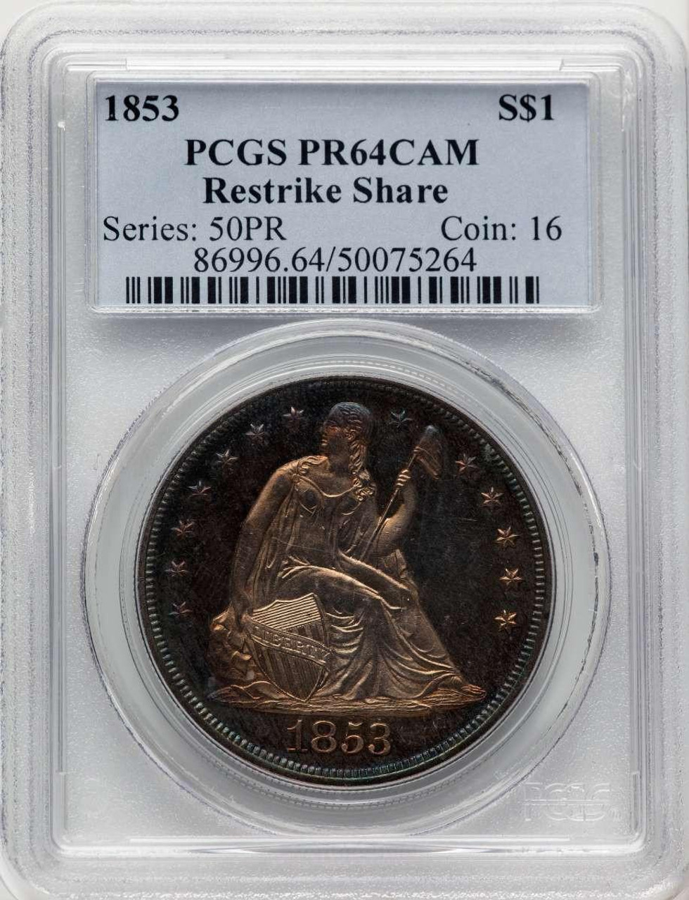 Bullionshark 1853 S$1 Proof Seated Dollar Coin PCGS PR64 CAMEO    Restrike - HAT910590001 