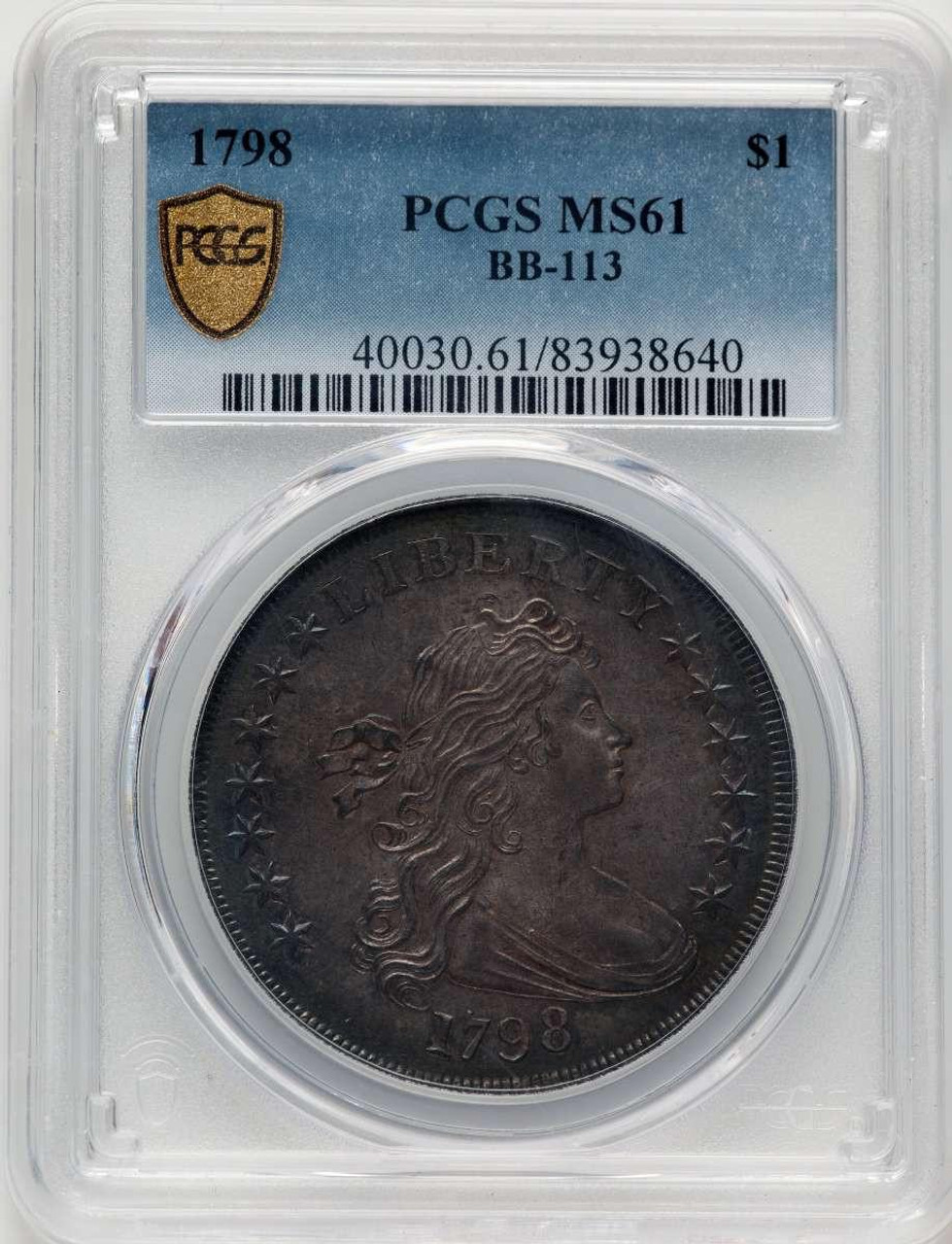 Bullionshark 1798 S$1 Draped Bust Dollars Coin PCGS MS61   Large Eagle, Pointed 9, Close Date, 4 Lines, B-27, BB-113, R.2 - HAT910551003 