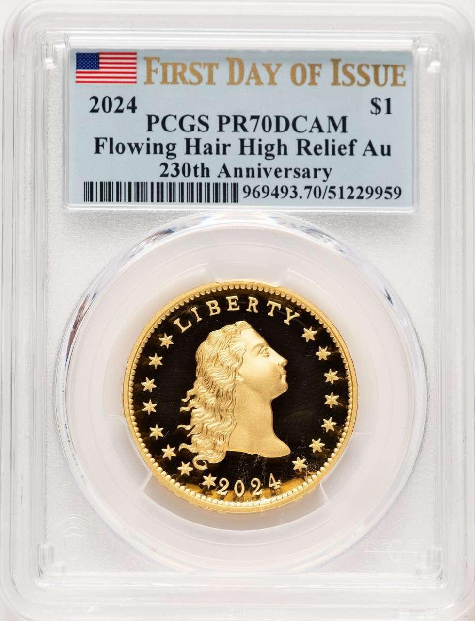 Bullionshark 2024 $1 Gold High Relief Coin PCGS MS70   Flowing Hair Dollar, One-Ounce Gold, 230th Anniversary, First Day of Issue - HAT521340006 