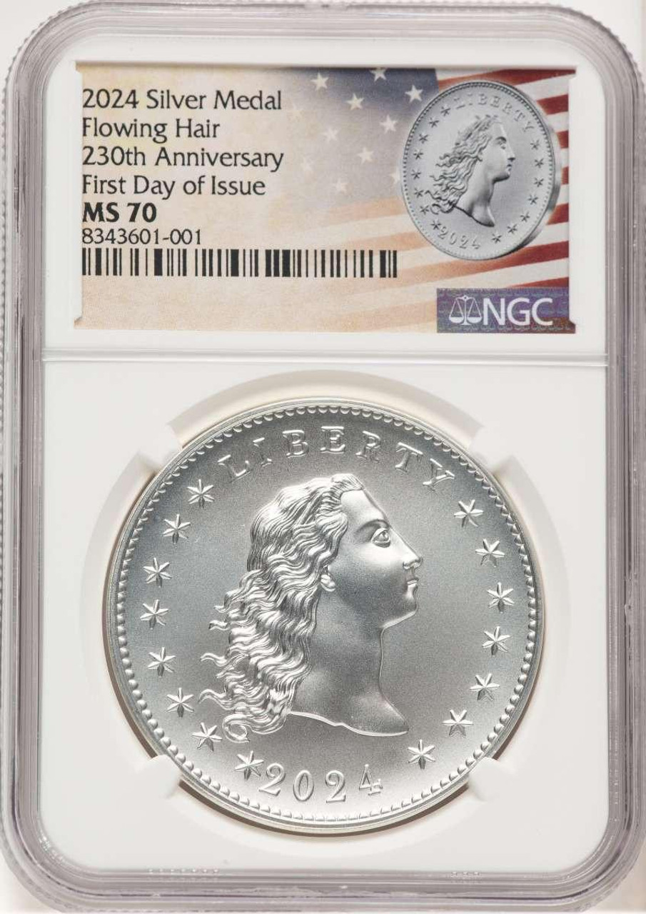 Bullionshark 2024 Medal Modern Commemorative Coin NGC MS70   Flowing Hair, Silver, 230th Anniversary, First Day of Issue - HAT773662028 
