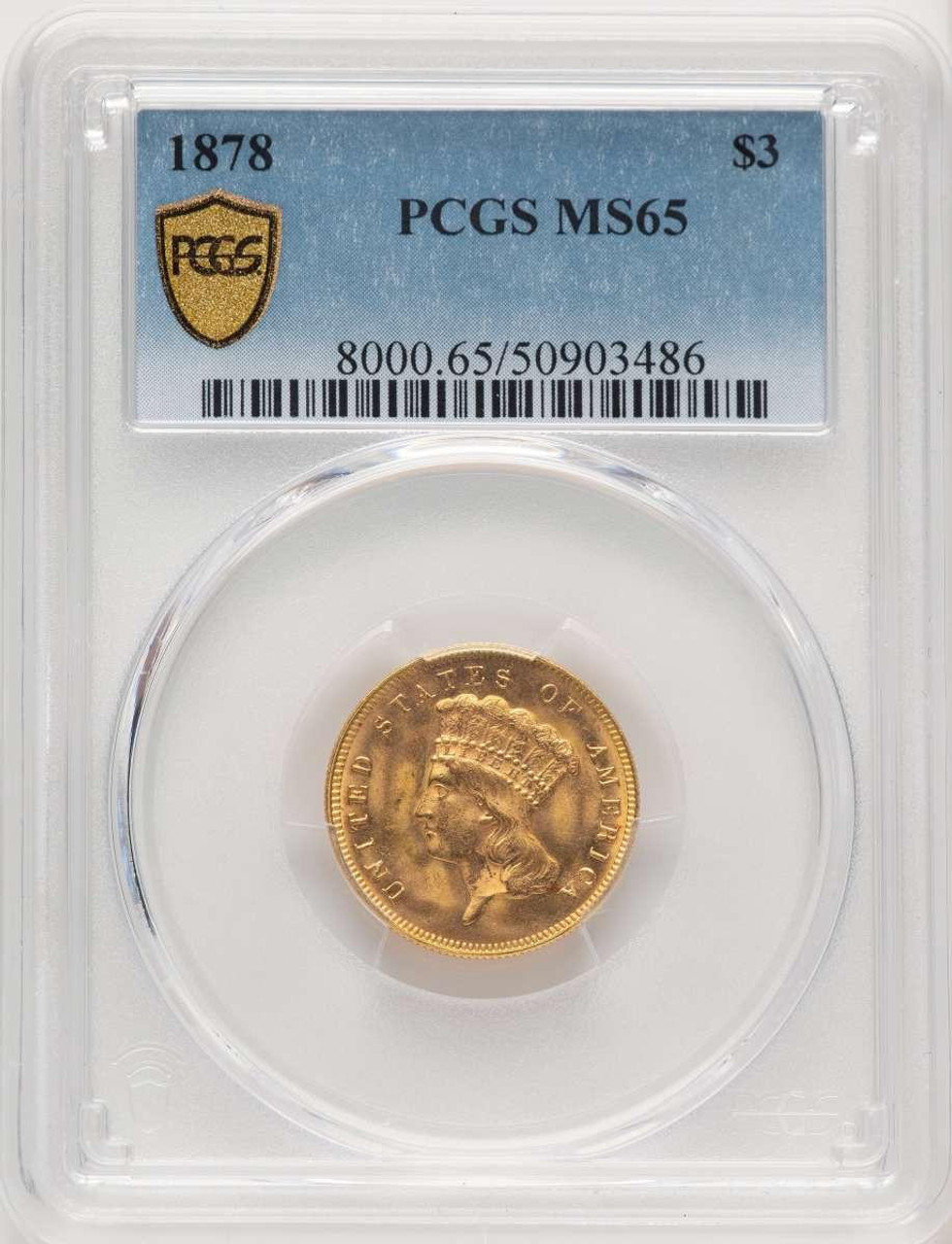 Bullionshark 1878 $3 Three Dollar Gold  Coin PCGS MS65 - HAT774844007 
