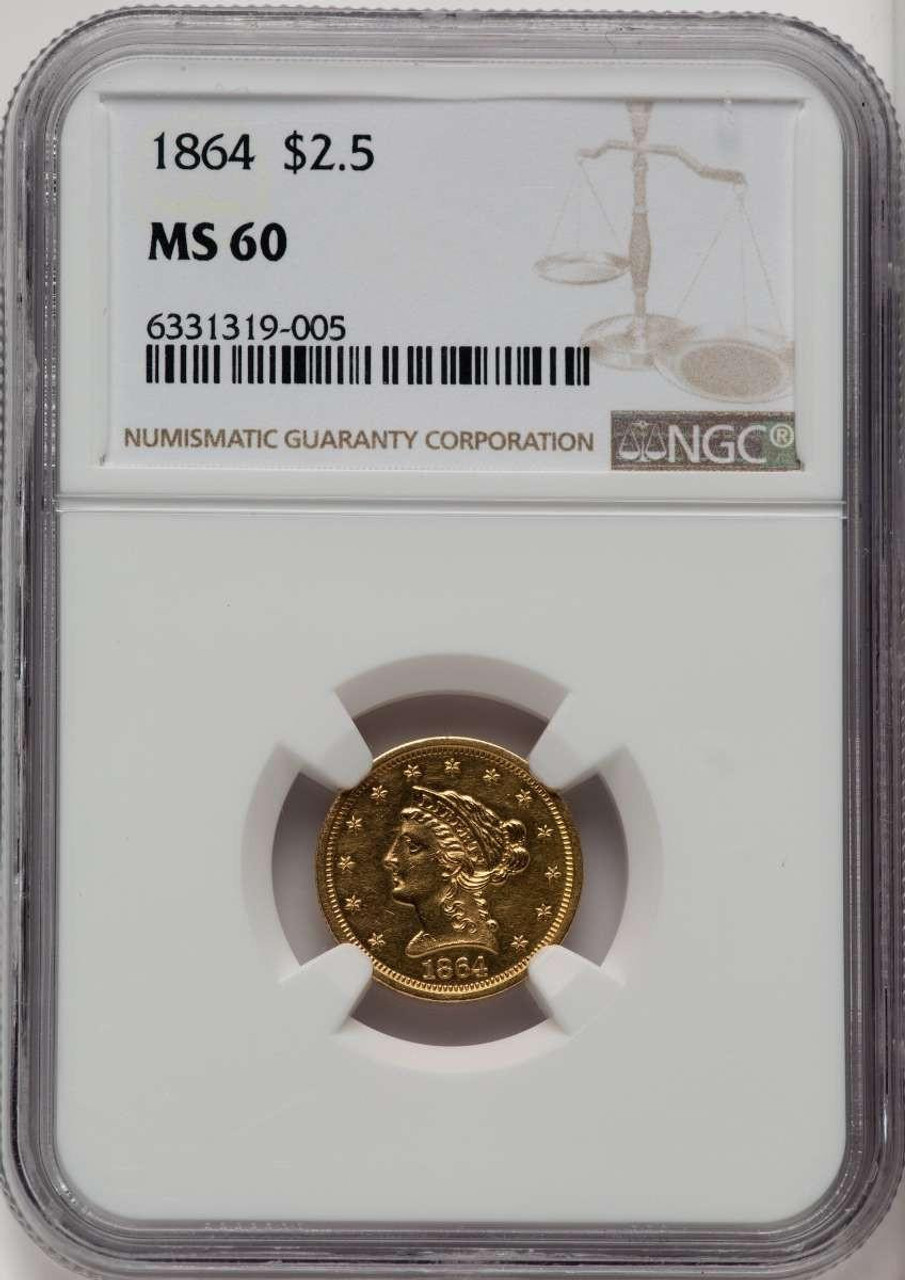 1864 $2.5 Liberty Gold Quarter Eagle Coin NGC MS60 | Rare