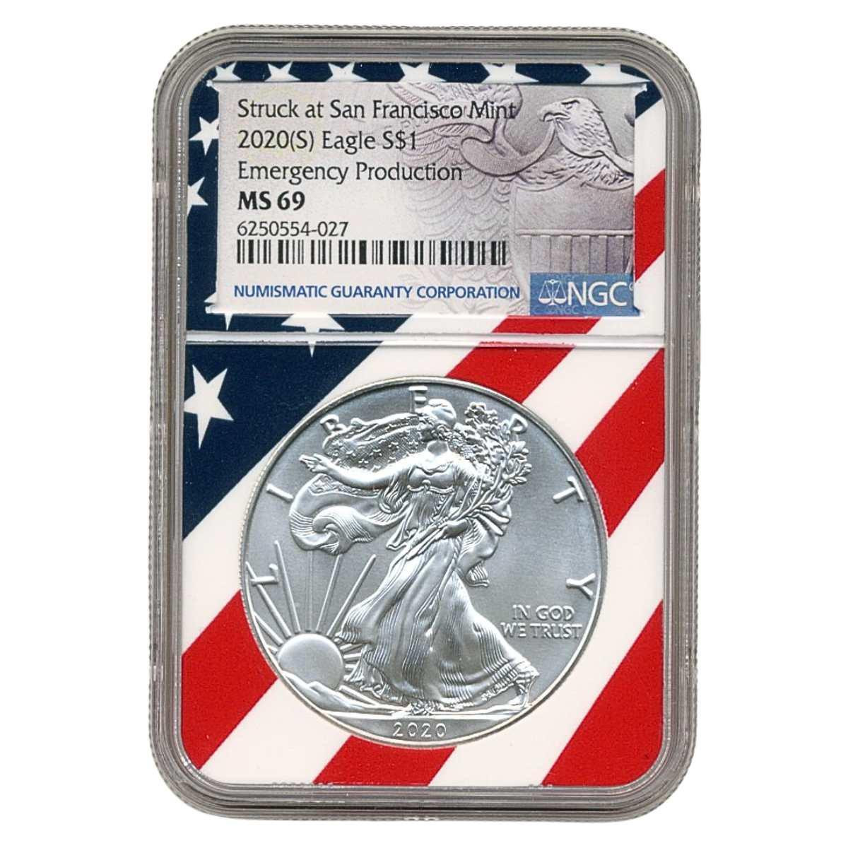  2020 (S) Silver Eagle NGC MS69 Emergency Production (Limited Flag Core) 