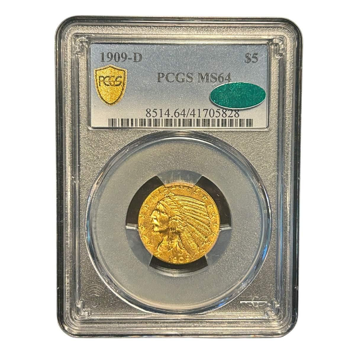  1909-D $5 Gold Indian Head Half Eagle PCGS MS64 CAC 