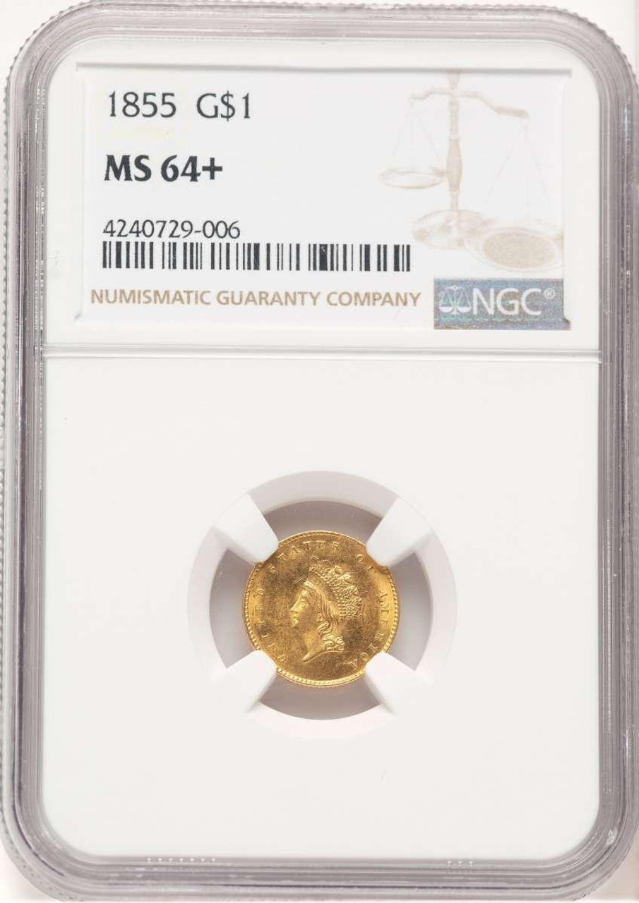 Bullionshark 1855 G$1 Gold Dollar Coin NGC MS64  +  Type Two - HAT777441003  Bullionshark 1855 G$1 Gold Dollar Coin NGC MS64  +  Type Two - HAT777441003