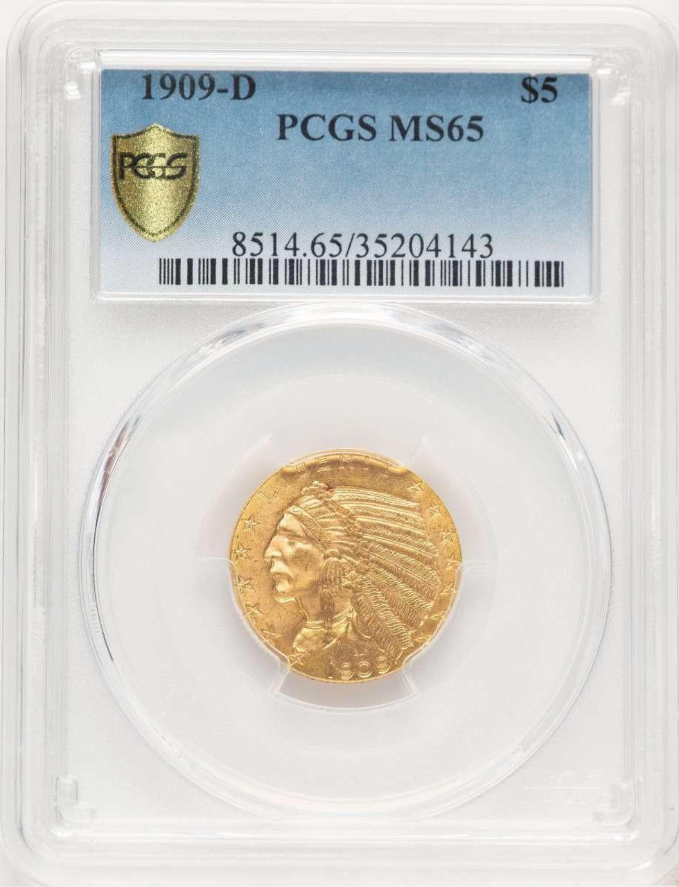Bullionshark 1909-D $5 Indian Gold Half Eagle Coin PCGS MS65 - HAT778913001  Bullionshark 1909-D $5 Indian Gold Half Eagle Coin PCGS MS65 - HAT778913001
