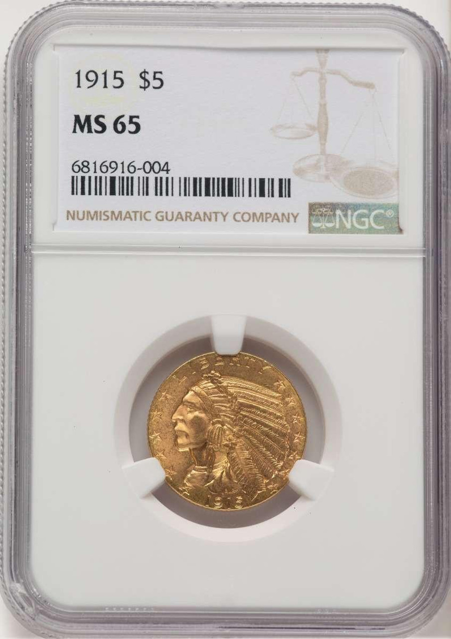 Bullionshark 1915 $5 Indian Gold Half Eagle Coin NGC MS65 - HAT776662004 