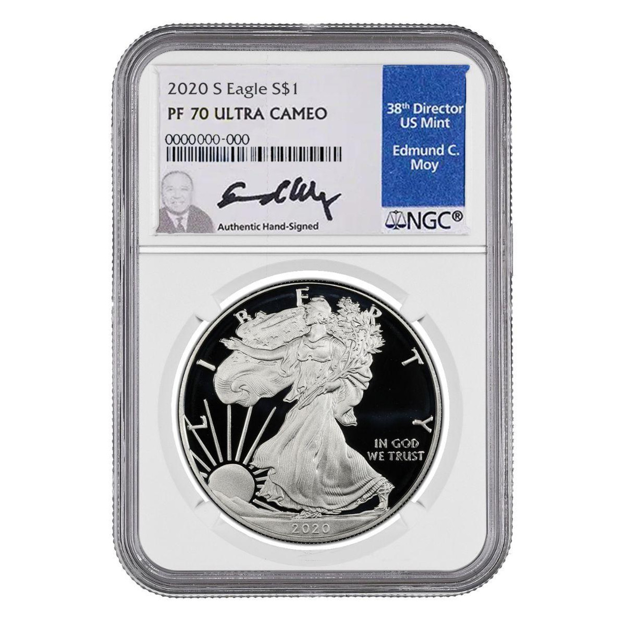 2020-S Proof Silver Eagle NGC PF70 Ultra Cameo – Edmund Moy Signed Label   2020-S Proof Silver Eagle NGC PF70 Ultra Cameo – Edmund Moy Signed Label