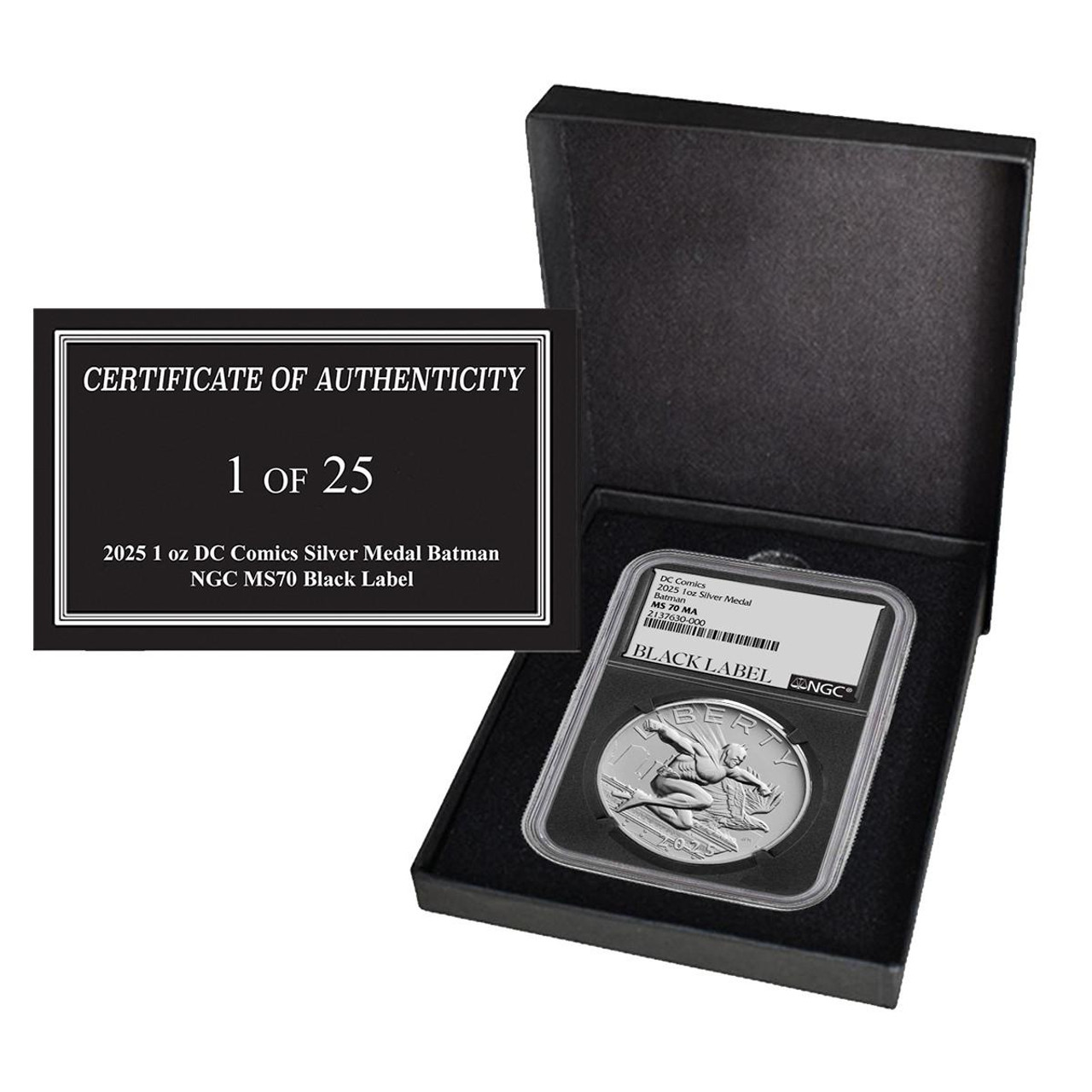  2025 1 oz DC Comics Silver Medal Batman NGC MS70 Black Label w/Box & CoA (1 of 25) 