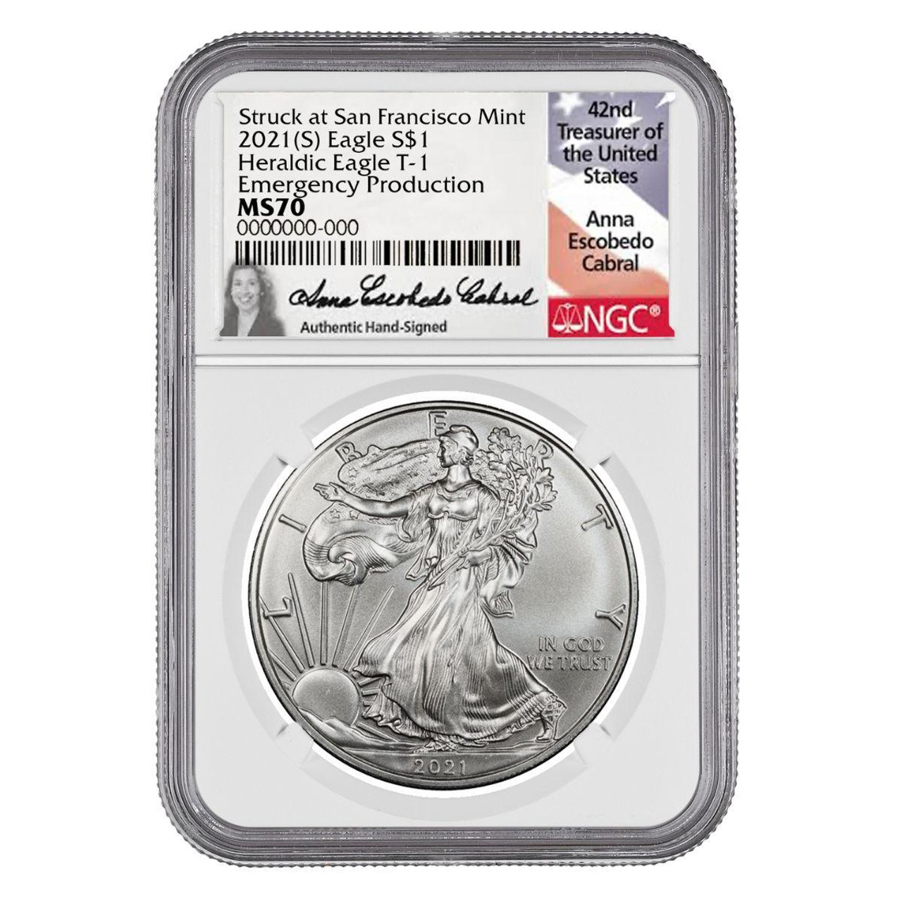  2021 (S) T1 Silver Eagle NGC MS70 Anna Cabral - Emergency Production 