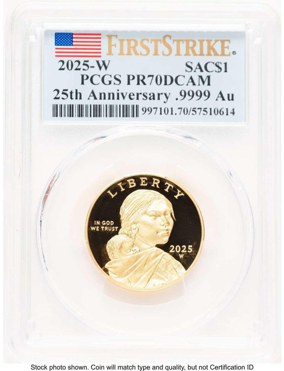 Bullionshark 2025-W $1 Modern Bullion Coin PCGS MS70   Gold Sacagawea Dollar, 25th Anniversary, First Strike - HAT521720020 