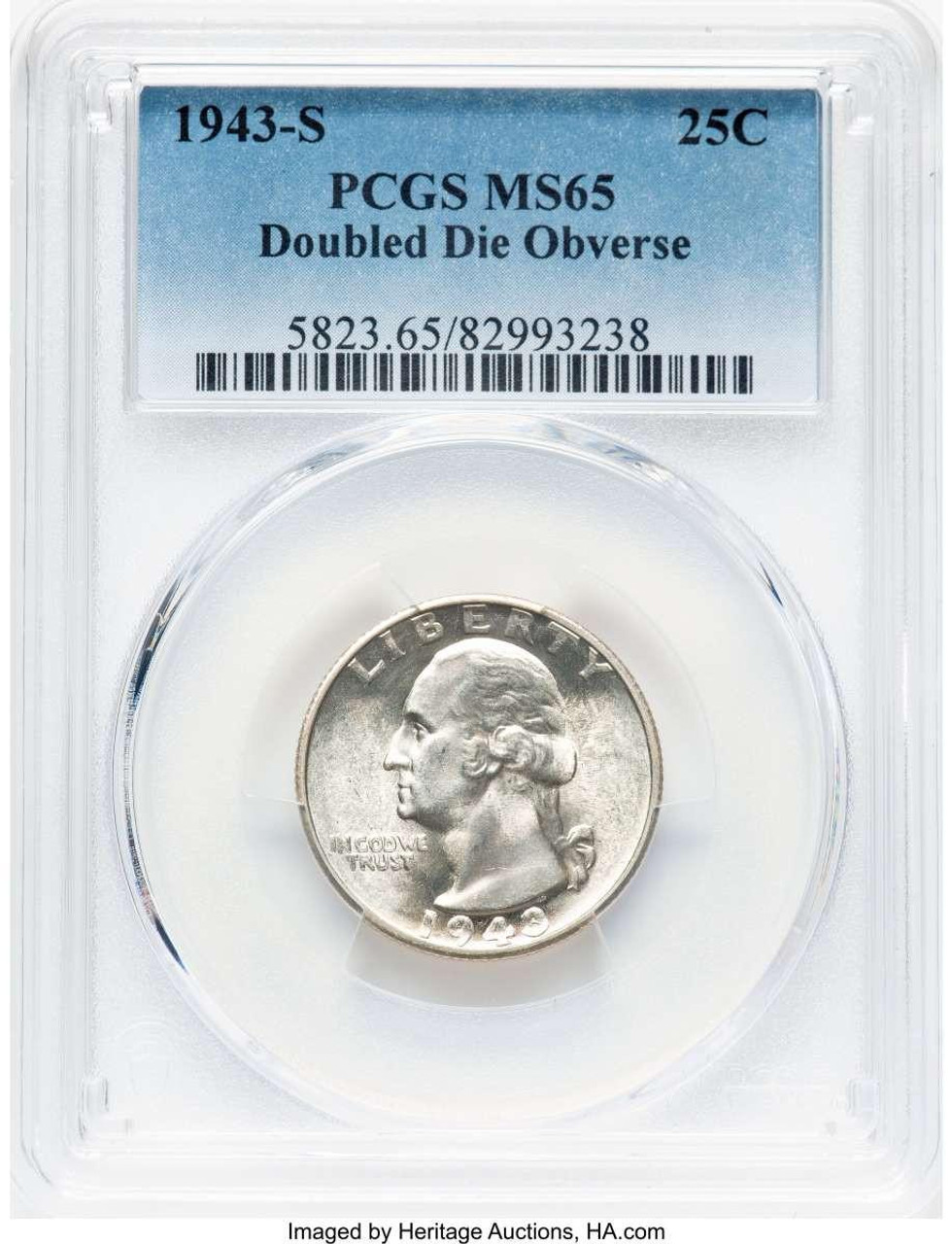 Bullionshark 1943-S 25C Washington Quarter Coin PCGS MS65   Doubled Die Obverse, FS-101 - HAT779779008  Bullionshark 1943-S 25C Washington Quarter Coin PCGS MS65   Doubled Die Obverse, FS-101 - HAT779779008