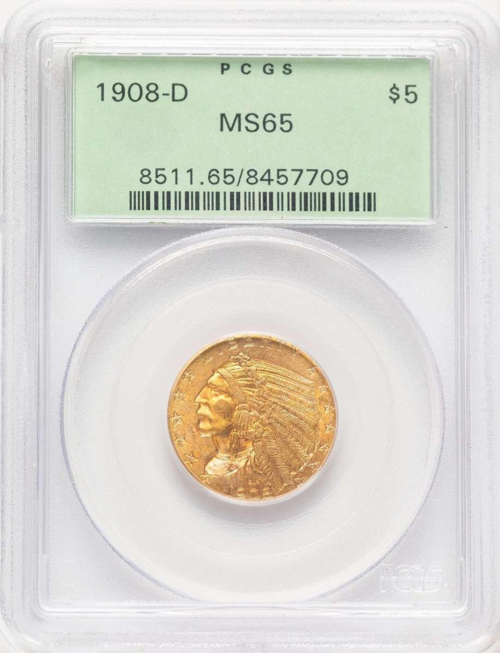 Bullionshark 1908-D $5 Indian Gold Half Eagle Coin PCGS MS65 - HAT779951013  Bullionshark 1908-D $5 Indian Gold Half Eagle Coin PCGS MS65 - HAT779951013