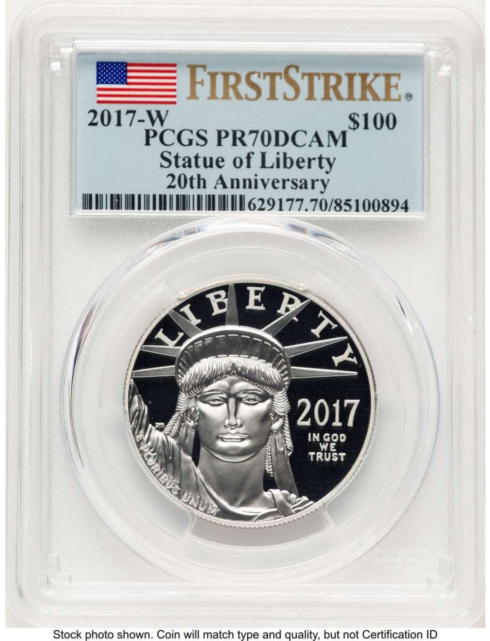 Bullionshark 2017-W $100 Modern Bullion Coin PCGS MS70   One-Ounce Platinum Eagle, Statue of Liberty, 20th Anniversary, First Strike - HAT781956001  Bullionshark 2017-W $100 Modern Bullion Coin PCGS MS70   One-Ounce Platinum Eagle, Statue of Liberty, 20th Anniversary, First Strike - HAT781956001