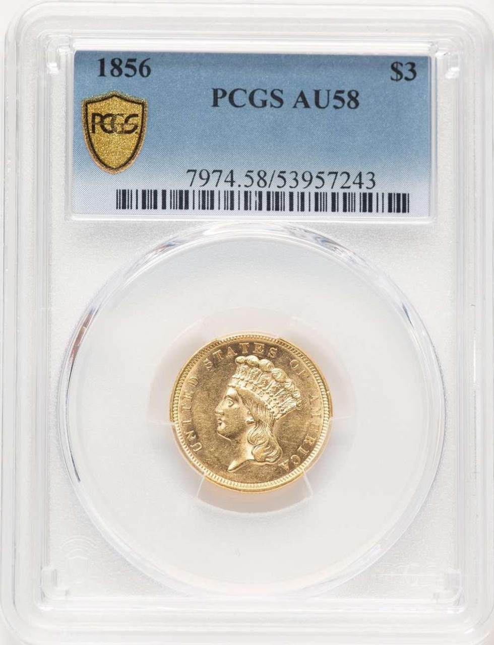 Bullionshark 1856 $3 Three Dollar Gold  Coin PCGS AU58 - HAT777194136  Bullionshark 1856 $3 Three Dollar Gold  Coin PCGS AU58 - HAT777194136