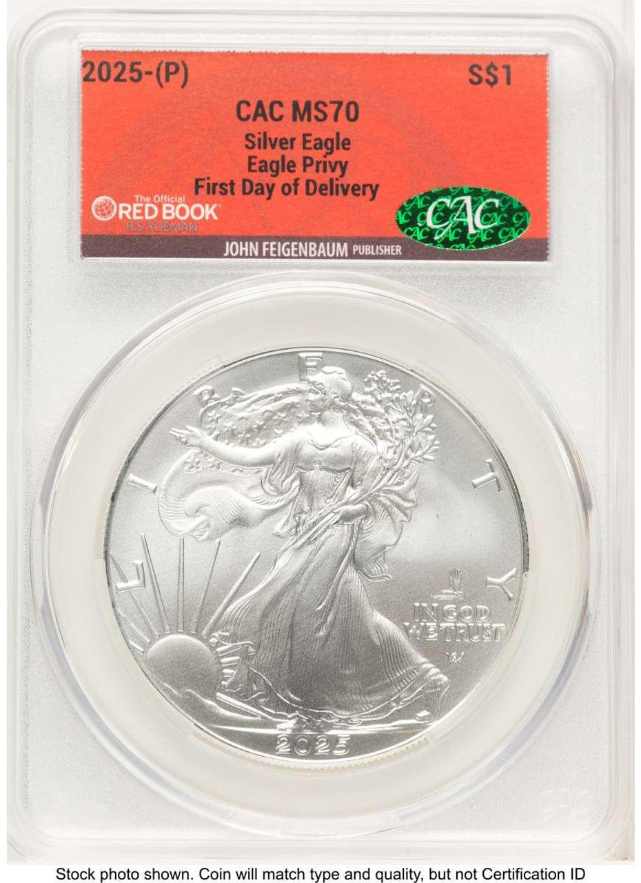 Bullionshark 2025(-P) $1 American Silver Eagle Coin CACG MS70   with Eagle Privy, Struck at Philadelphia - HAT521202102  Bullionshark 2025(-P) $1 American Silver Eagle Coin CACG MS70   with Eagle Privy, Struck at Philadelphia - HAT521202102
