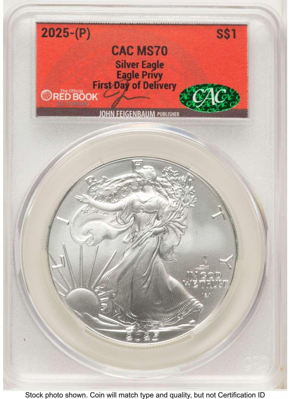 Bullionshark 2025(-P) $1 American Silver Eagle Coin CACG MS70   with Eagle Privy, Struck at Philadelphia - HAT521202104  Bullionshark 2025(-P) $1 American Silver Eagle Coin CACG MS70   with Eagle Privy, Struck at Philadelphia - HAT521202104