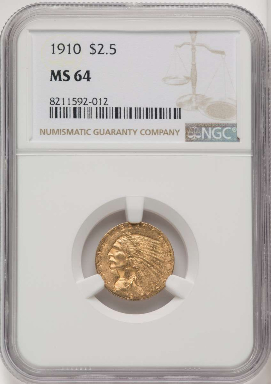 1910 $2.5 Indian Gold Quarter Eagle Coin NGC MS64 coin front image