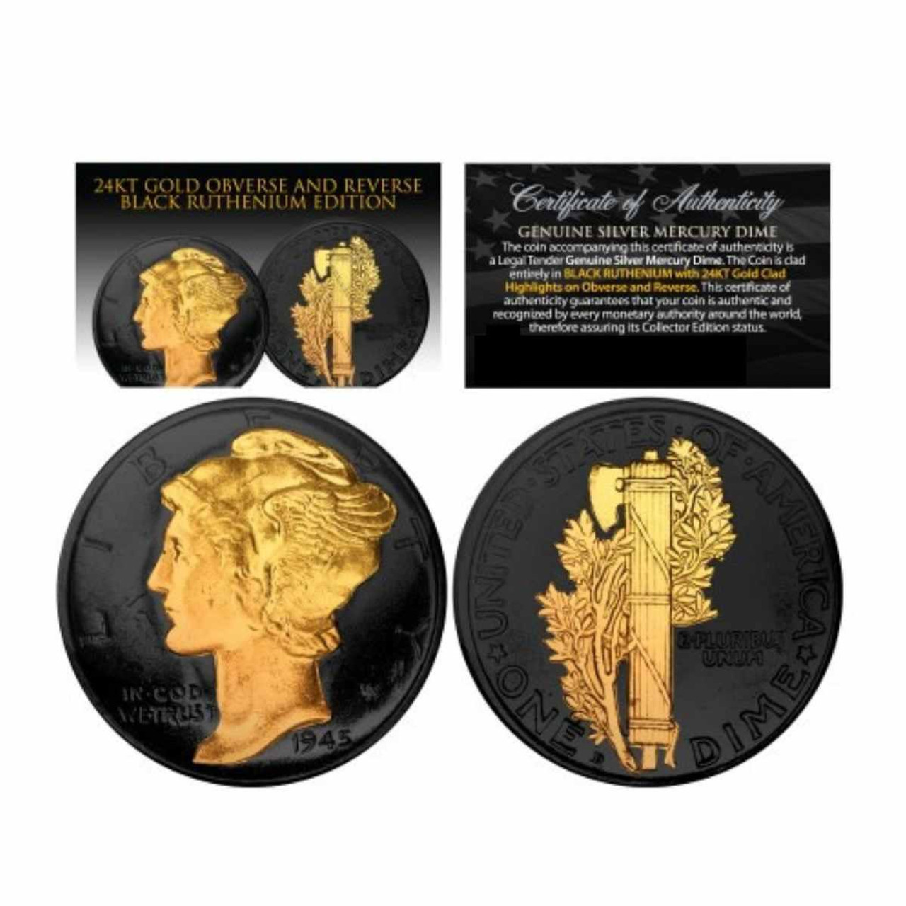  1916-1945 Mercury Silver Dime Black Ruthenium Plated w/ 24KT Gold Clad Highlights 