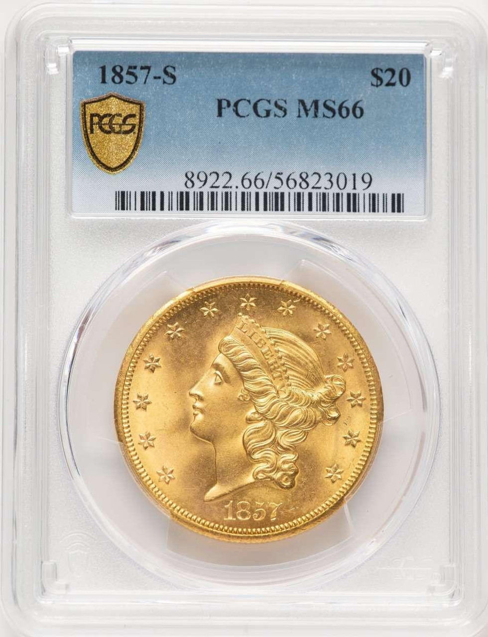 Bullionshark 1857-S $20 Liberty Gold Double Eagle PCGS MS66 - HAT777428028  Bullionshark 1857-S $20 Liberty Gold Double Eagle PCGS MS66 - HAT777428028